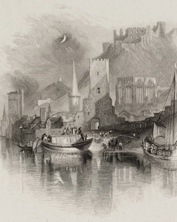 A town on the banks of the Rhine, in the Mainz-Bingen district, Rhineland-Palatinate, Germany. Titled: Bacharach on the Rhine. Drawn by J. W. M. Turner, (etching by E. Fiden), Published 1832